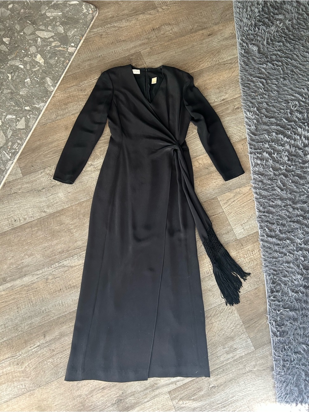 Dana Buchman Black Long Sleeve Wrap Maxi Dress with Tassel Tie